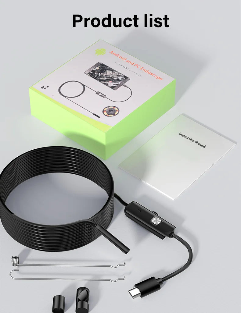7mm USB-C Waterproof Endoscope Camera with 6 LEDs – Flexible Inspection Borescope for Phones & PCs