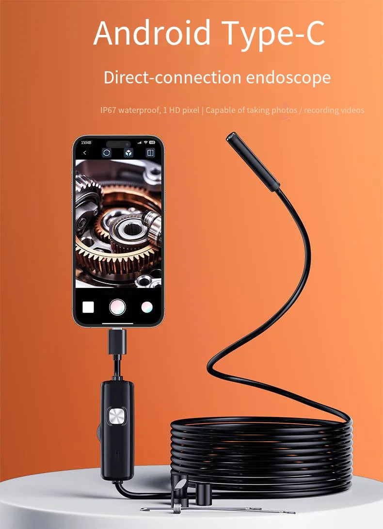 7mm USB-C Waterproof Endoscope Camera with 6 LEDs – Flexible Inspection Borescope for Phones & PCs