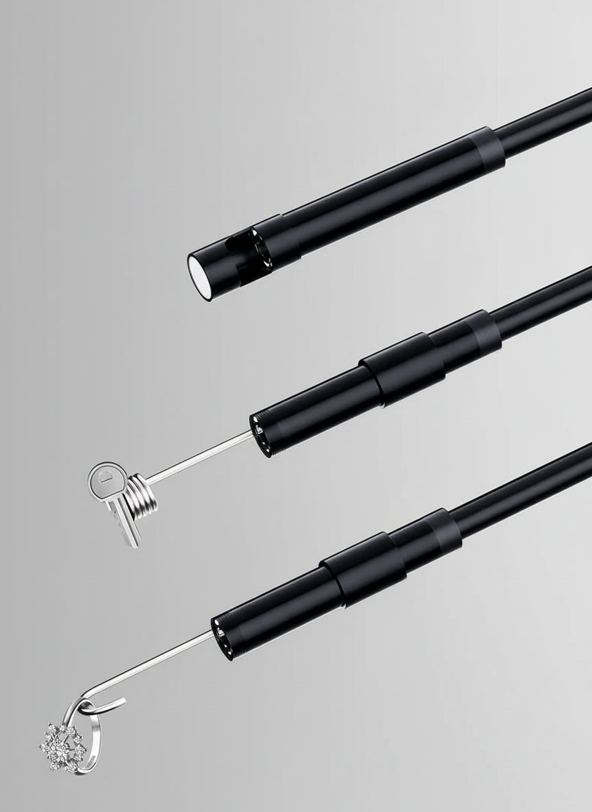 Product accessories including a hook, magnet, and rod on an orange background.