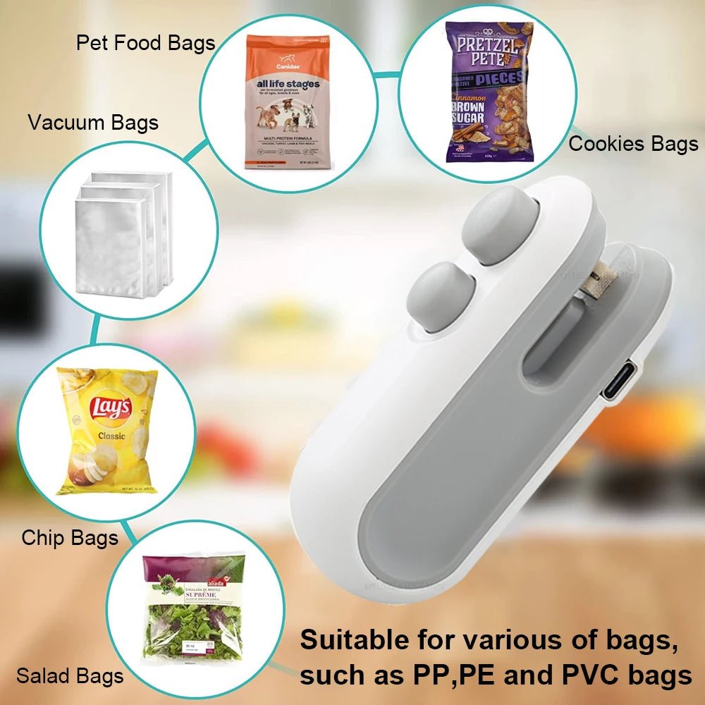 Rechargeable 2 - in - 1 Mini Bag Sealer with Cutter – Portable Heat Sealer for Snack & Food Storage - Drop & Co.