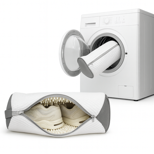 1pc Durable Shoe Washing Machine Bag for All Shoe Types - Yellow with Blue Zipper, Oval Protective Laundry Bag with Rich Fluff I