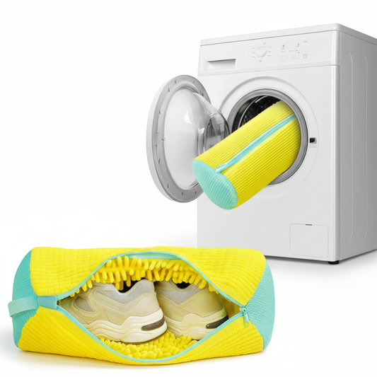 1pc Durable Shoe Washing Machine Bag for All Shoe Types - Yellow with Blue Zipper, Oval Protective Laundry Bag with Rich Fluff I